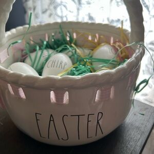 Rae Dunn White Easter Basket with Green and Pink Accents
